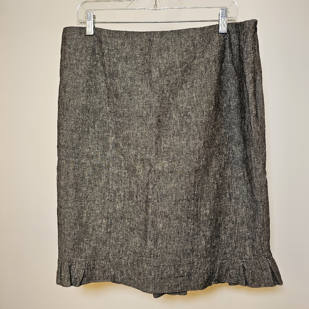 Dalia Collection grey linen flounced lined pencil midi skirt women size 12 US.